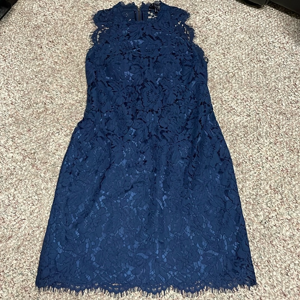 Laundry by Shelli Segal lace high neck open back built in bra dress